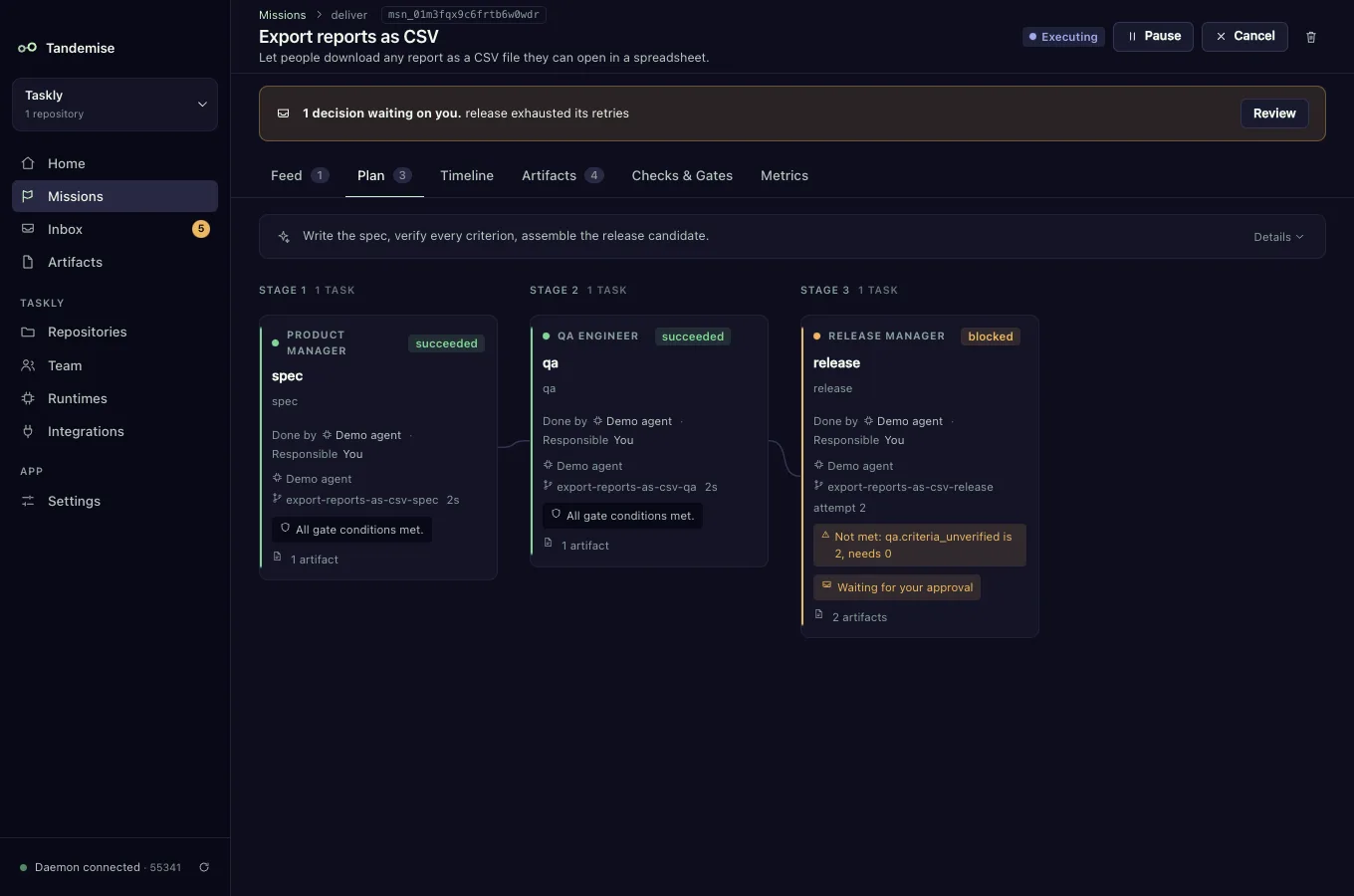Tandemise desktop app — Mission plan