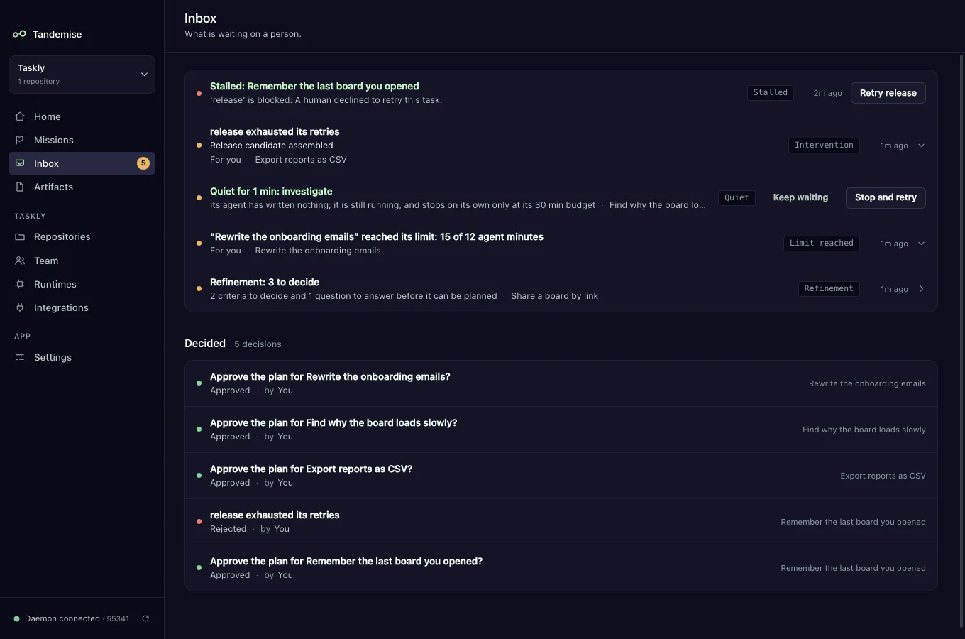 Tandemise desktop app — Inbox
